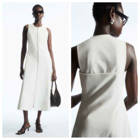 COS Flared Zip-Up Midi Dress Sleeveless Fit & Flare Stretch Scoop Neck White - Picture 1 of 6